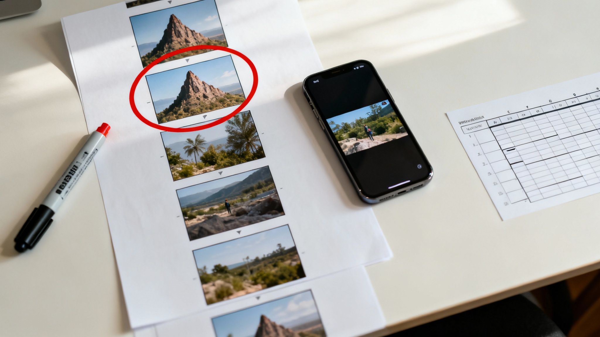 A desk with printed photos of mountains and landscapes, a smartphone showing a video, and a red marker.