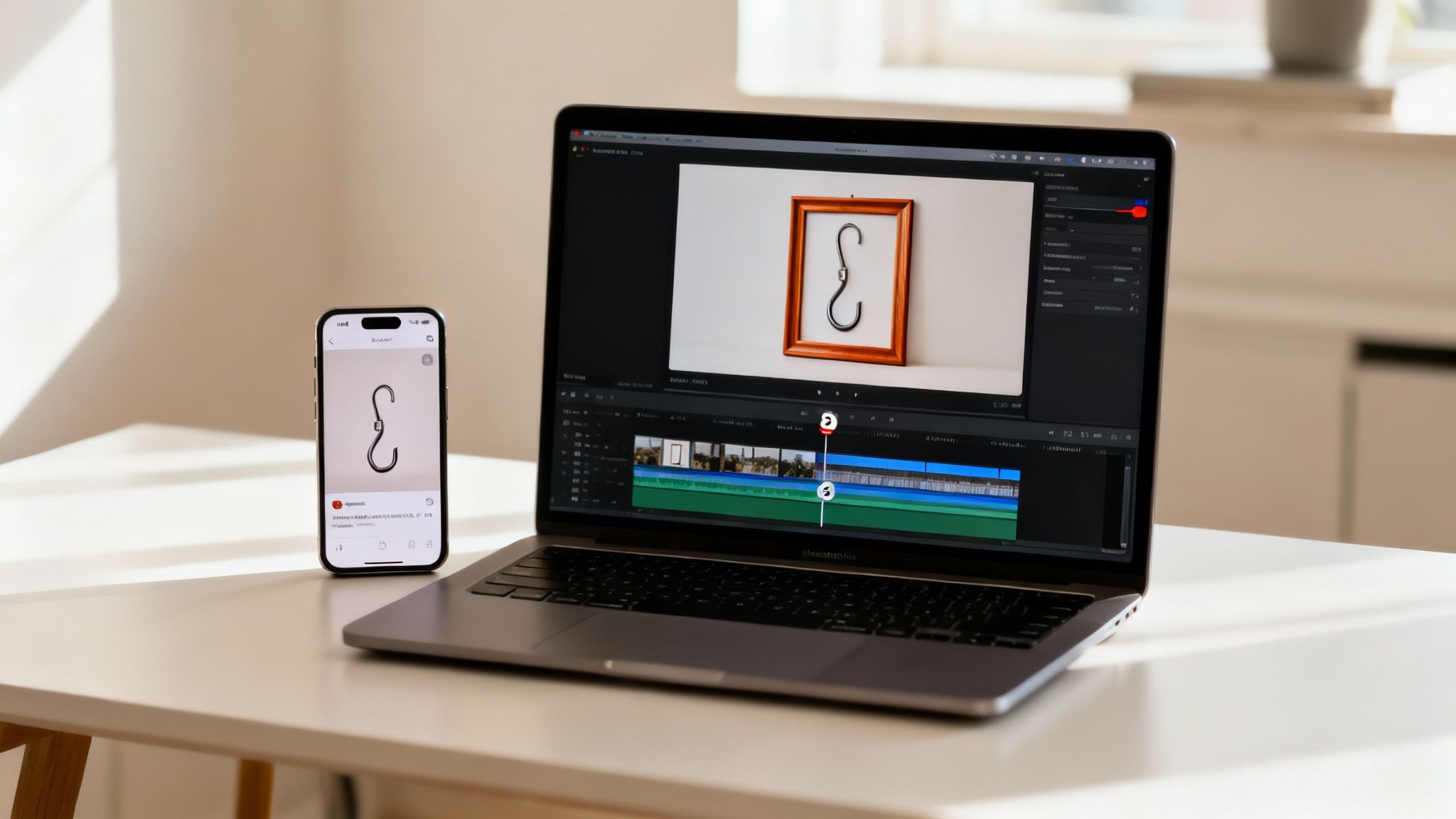 A laptop and smartphone on a white desk, both displaying an S-hook image, alongside video editing software.