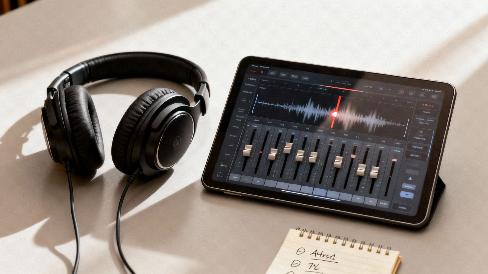 Black over-ear headphones and a tablet displaying audio editing software on a light desk.