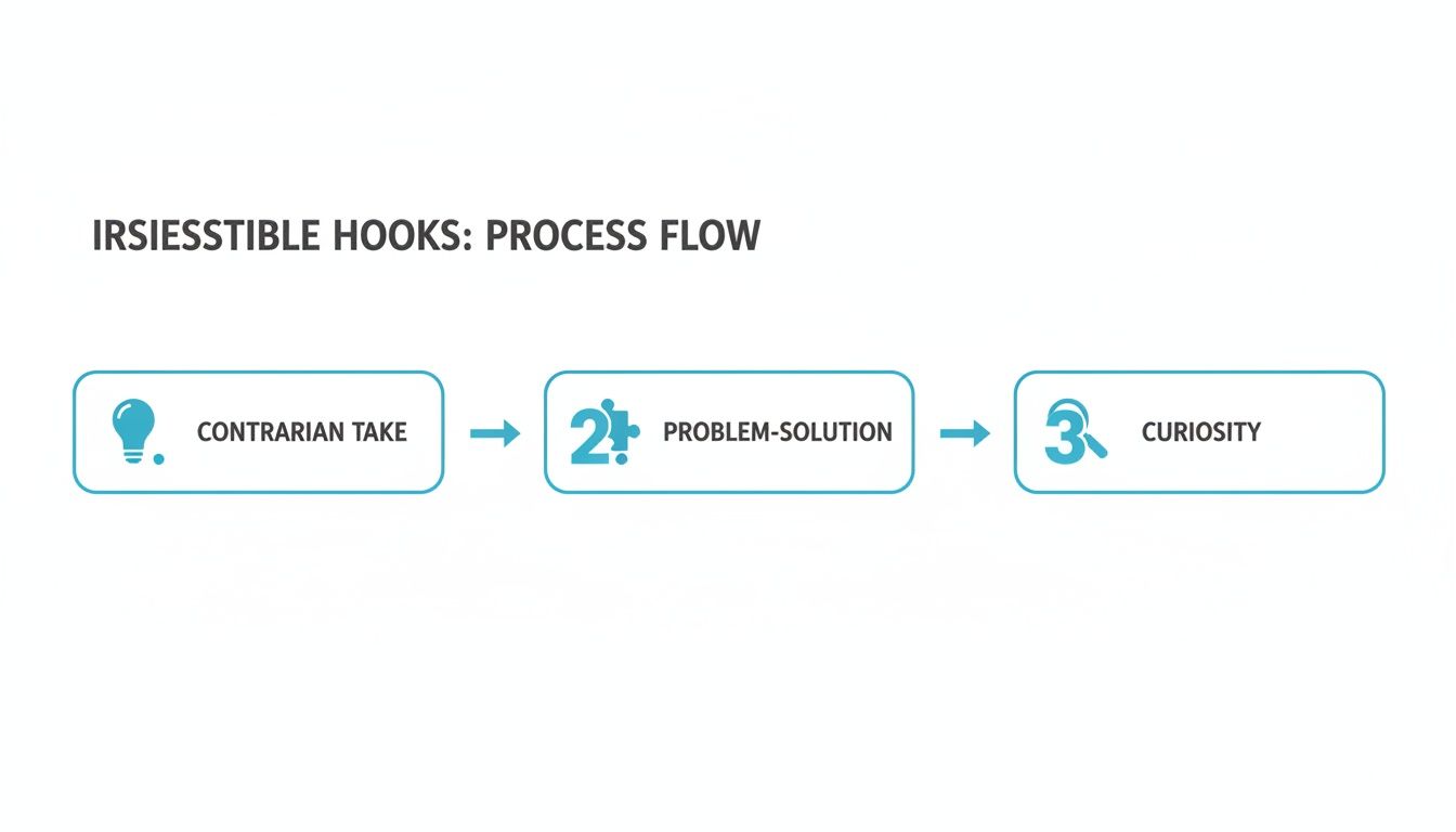 Diagram shows 'Irsiessstible Hooks: Process Flow' with steps: Contrarian Take, Problem-Solution, and Curiosity.