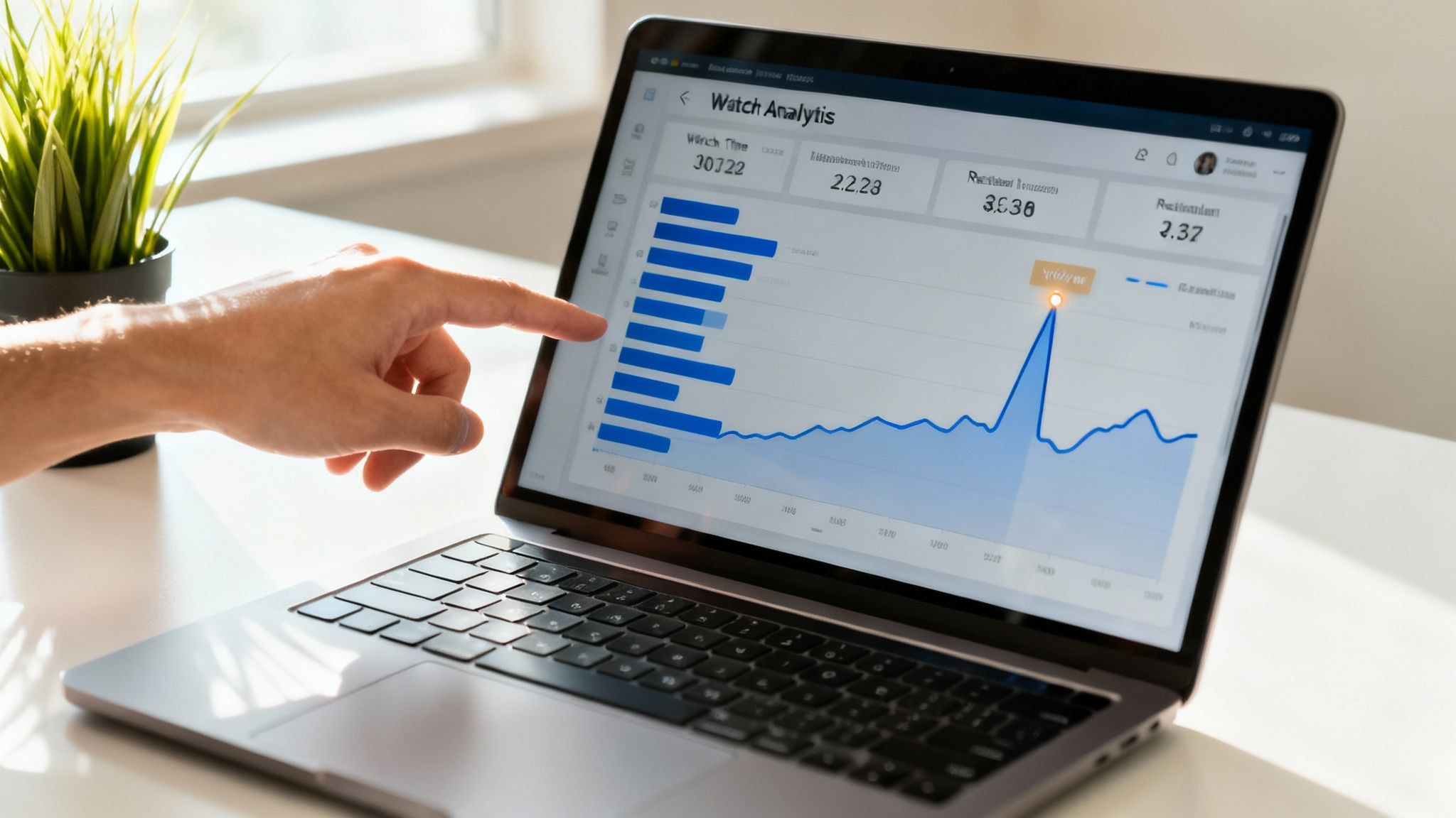 Hand pointing at a laptop screen displaying watch analytics with charts and data.