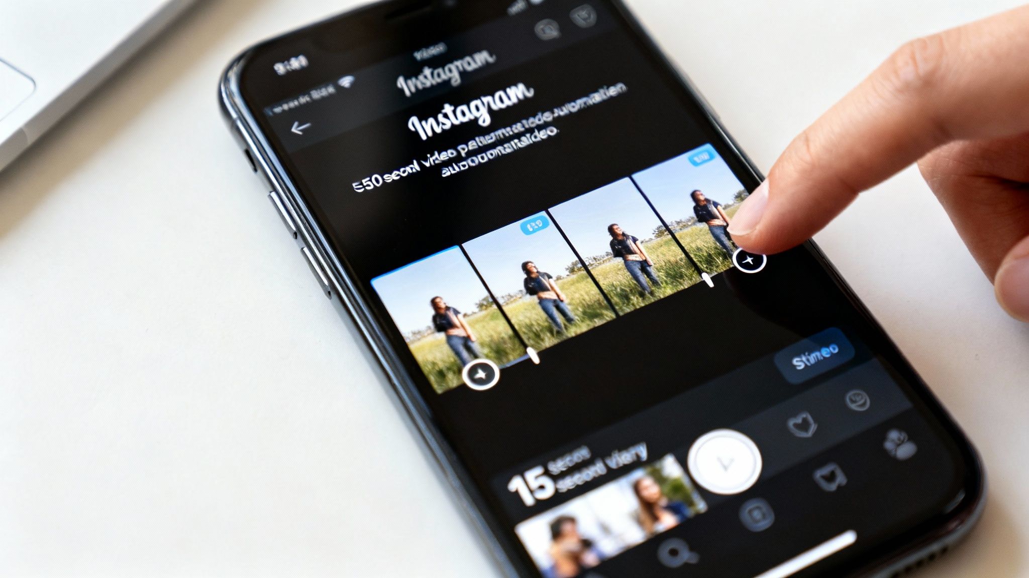 A hand taps on an iPhone screen displaying the Instagram app with video editing options.