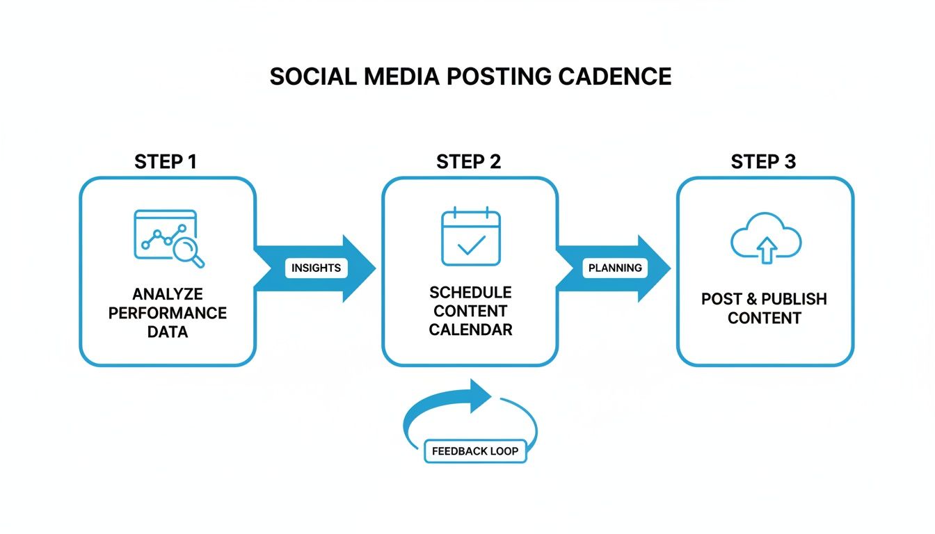 Flowchart illustrating a social media posting cadence: analyze data, schedule content, publish content, with a feedback loop.