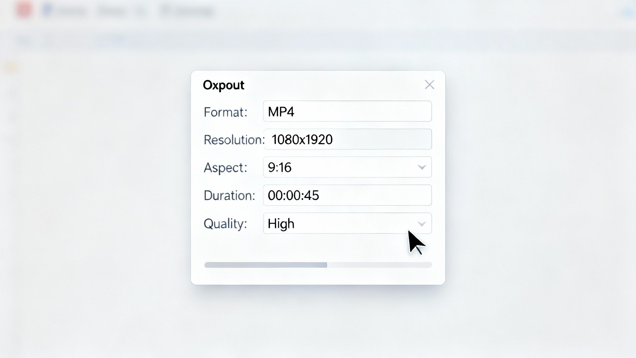 A dialog box displaying video export settings for MP4 format, 1080x1920 resolution, and high quality.