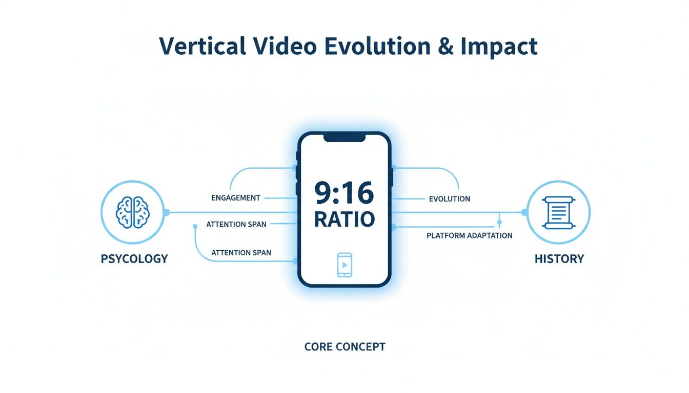 Infographic illustrates vertical video's 9:16 ratio evolution, impacting psychology, engagement, and history.
