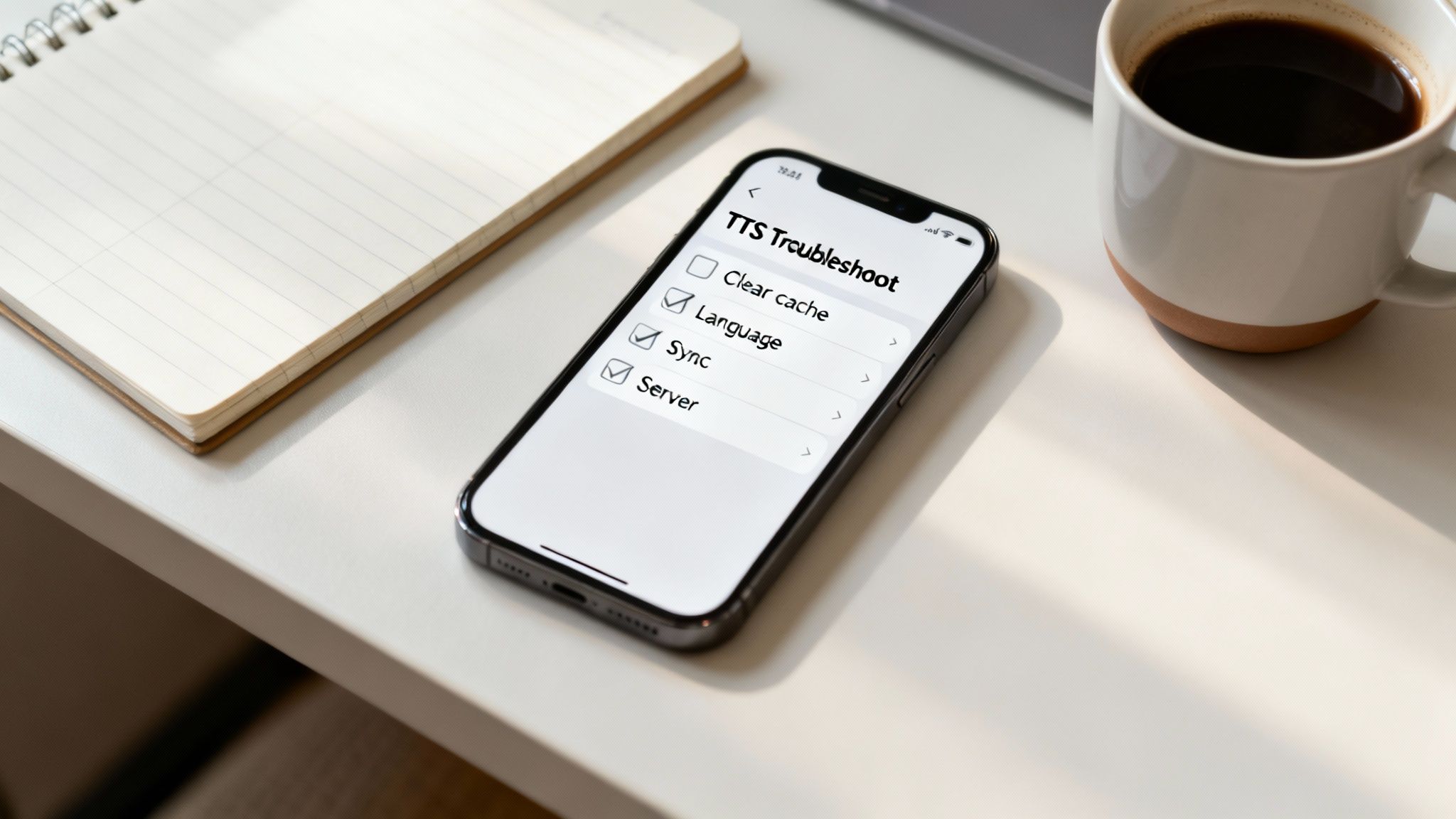 A smartphone displays a 'TTS Troubleshoot' screen with options, next to a notebook and coffee mug on a white desk.