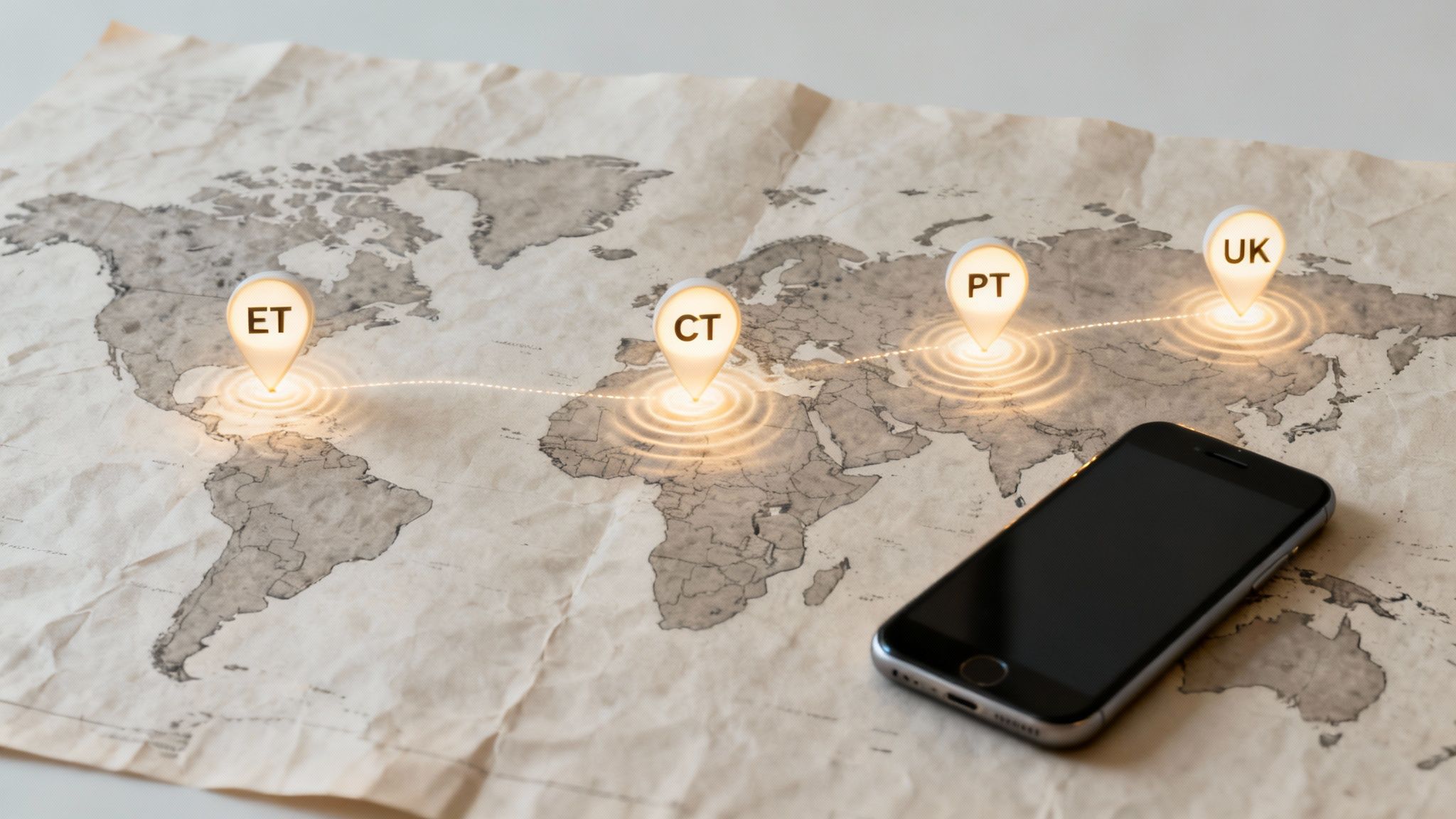 A world map with glowing location pins labeled ET, CT, PT, UK, connected by a dotted line, with a smartphone.