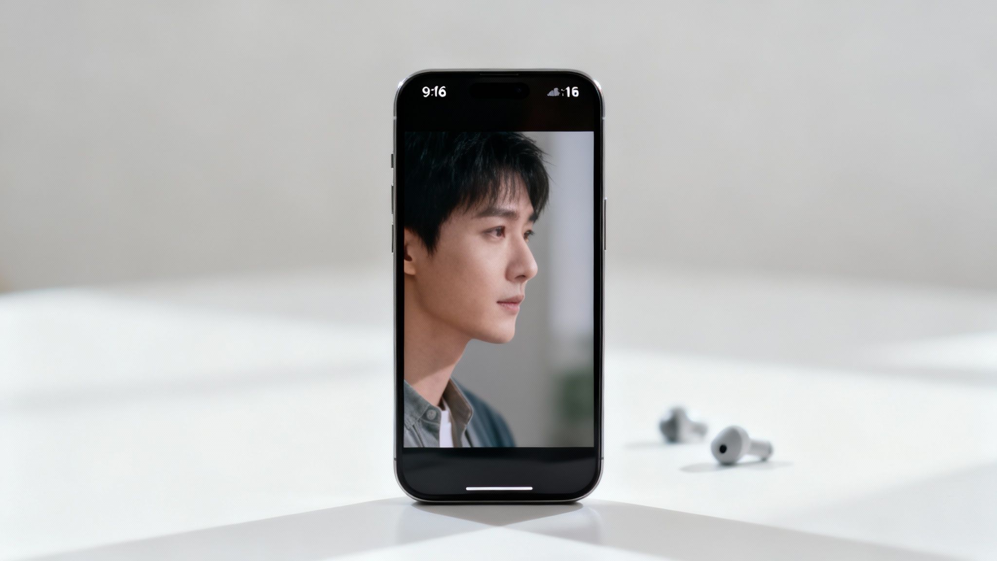 Black smartphone displaying a vertical video of a young man, with wireless earbuds nearby.