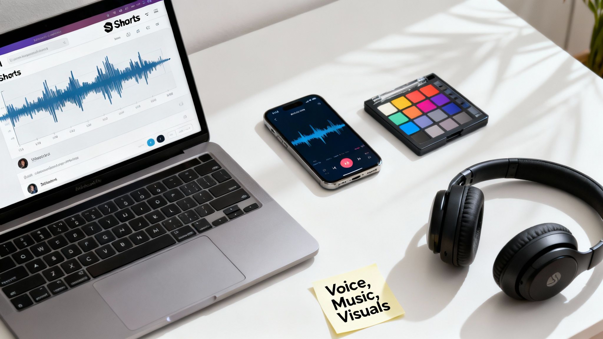 A creative workspace with a laptop showing a sound waveform, a smartphone, headphones, and a music pad.