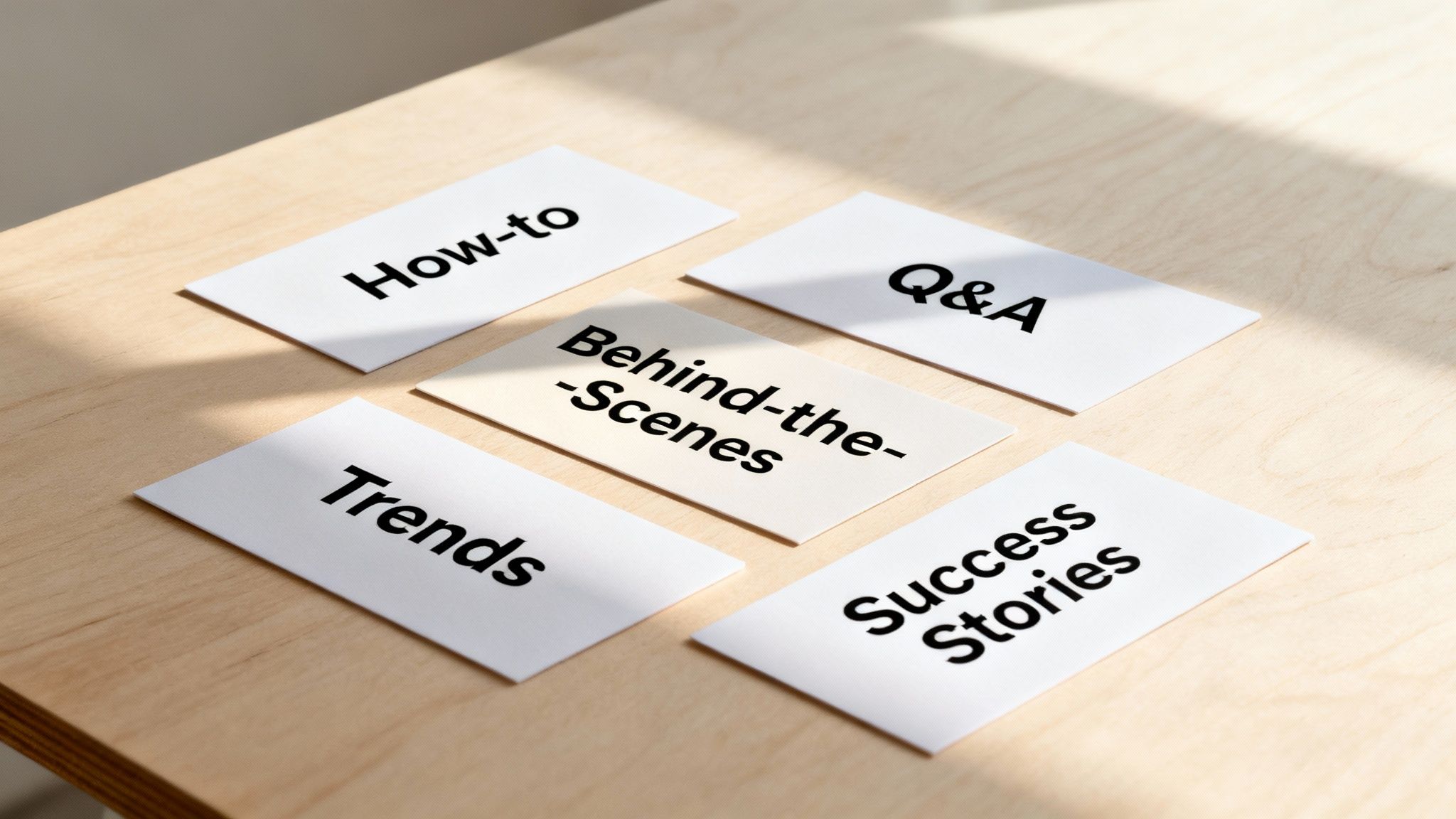 Content strategy cards displaying topics like How-to, Q&A, Trends, and Success Stories on wood.