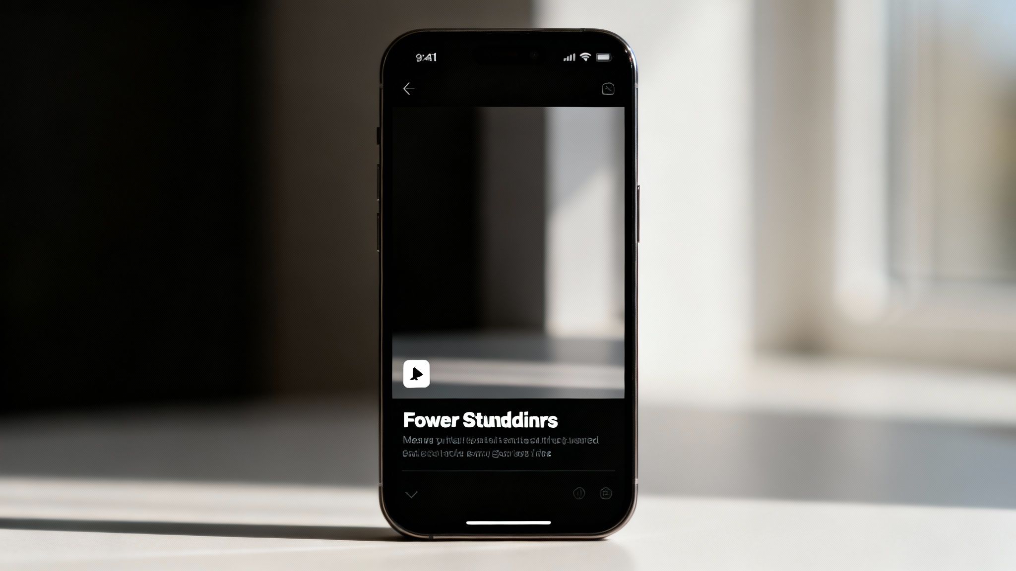 A smartphone displays a video with a play icon and text 'Fower Stunddinrs' on a black background.