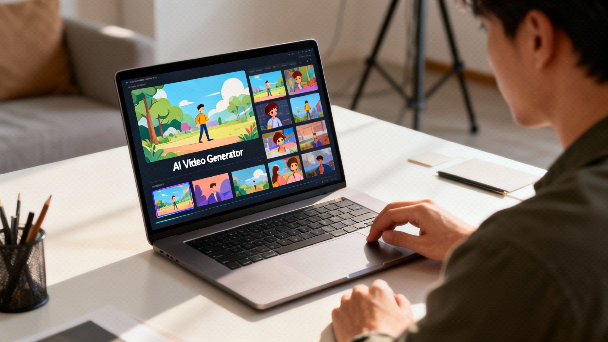 Man using a laptop to create animated videos with an AI video generator software.