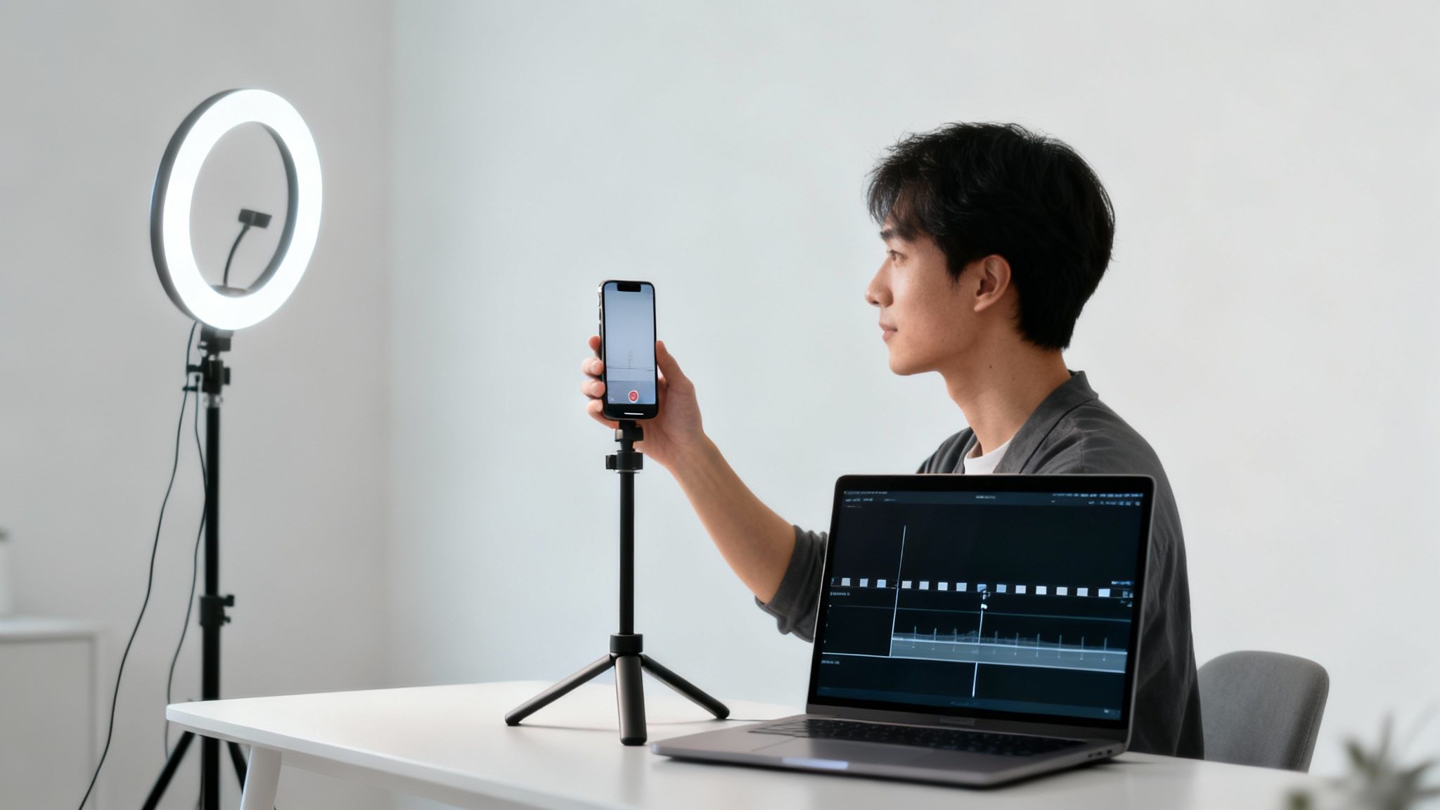 Young man filming content with a smartphone on a tripod, illuminated by a ring light, with a laptop showing video editing software.