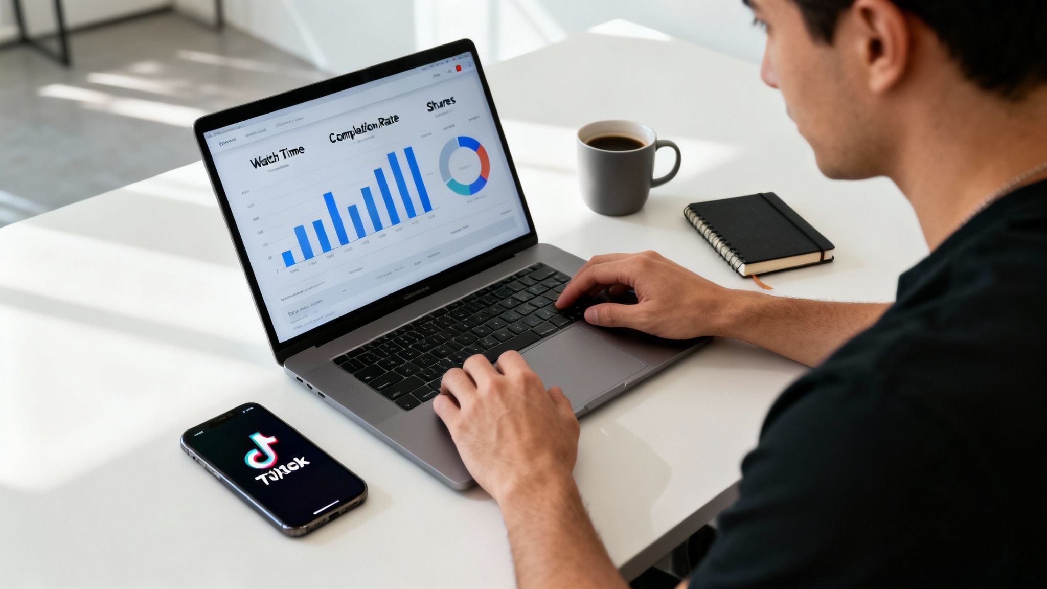 A person uses a laptop displaying video performance charts and a TikTok app on a smartphone.
