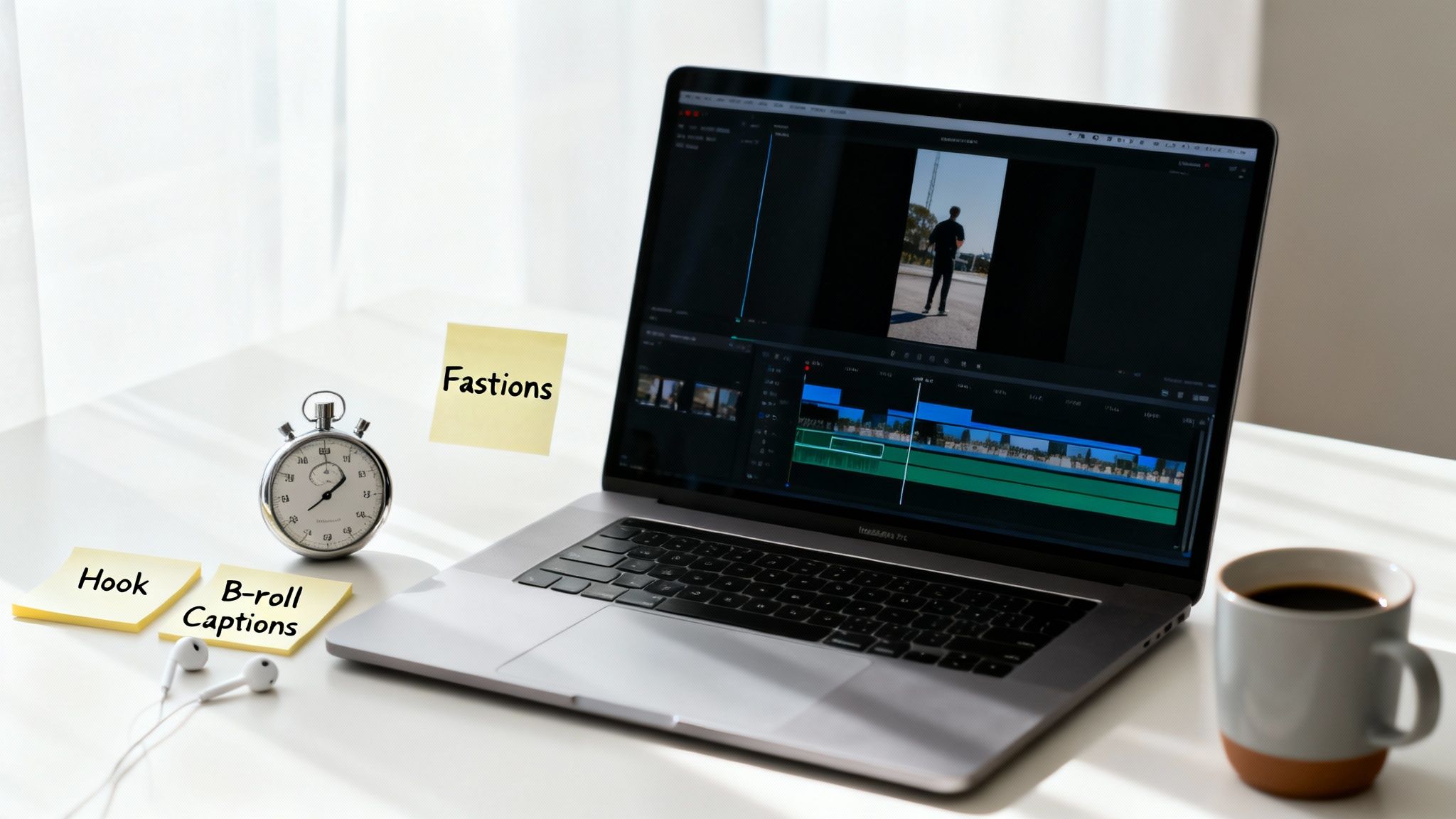 Laptop with video editing software, sticky notes ('Hook', 'B-roll Captions', 'Fastions'), stopwatch, and coffee.