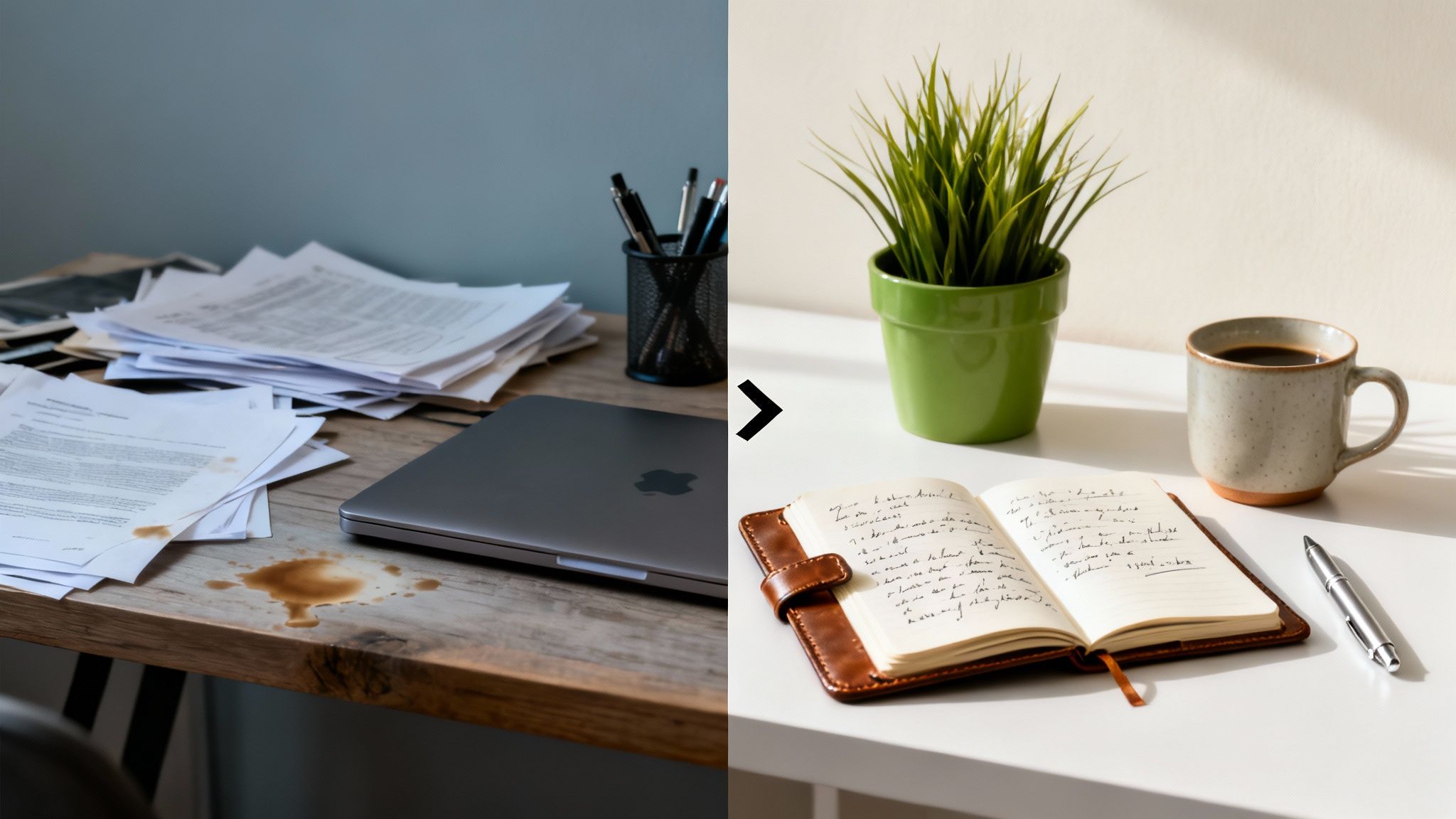 Before and after showing a messy desk transforming into a clean, organized workspace with plant and coffee.
