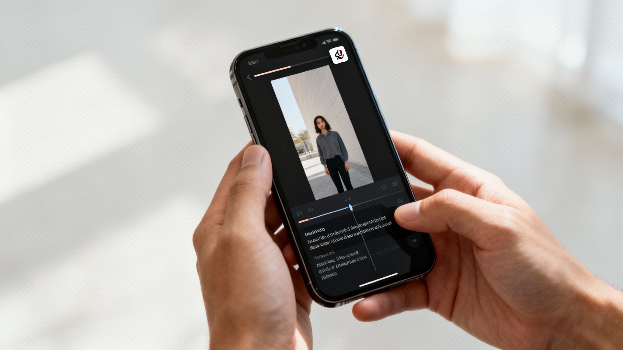 A person holds a smartphone horizontally, displaying a video editing app with a woman's video.