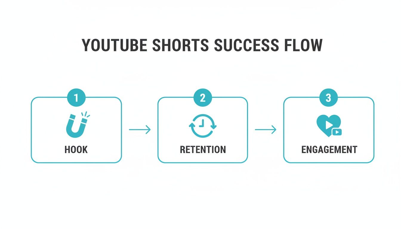 Flowchart illustrating the YouTube Shorts success process through three key steps: Hook, Retention, and Engagement.
