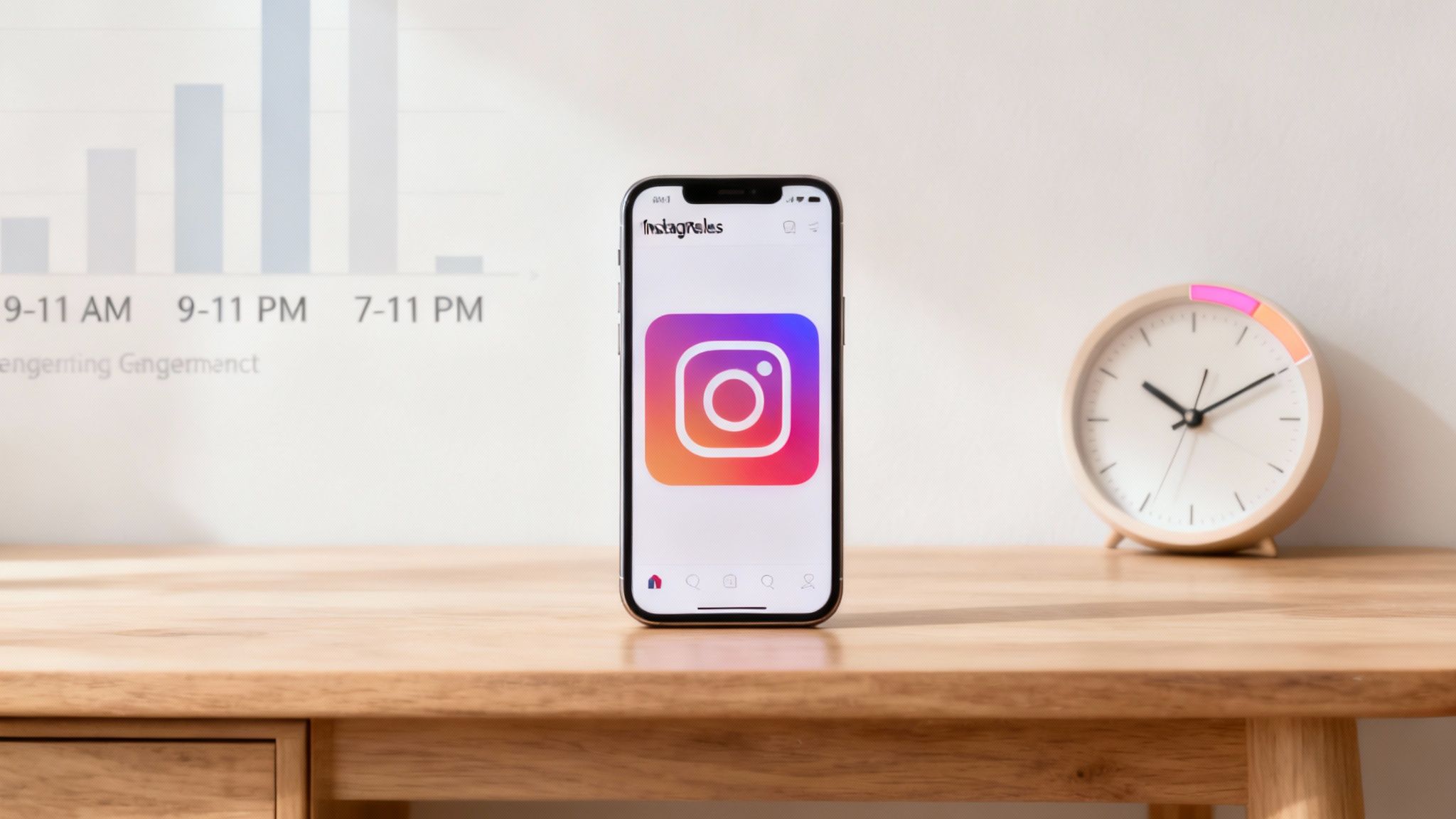 An iPhone displaying the Instagram app logo on a desk with a background chart indicating optimal posting times.