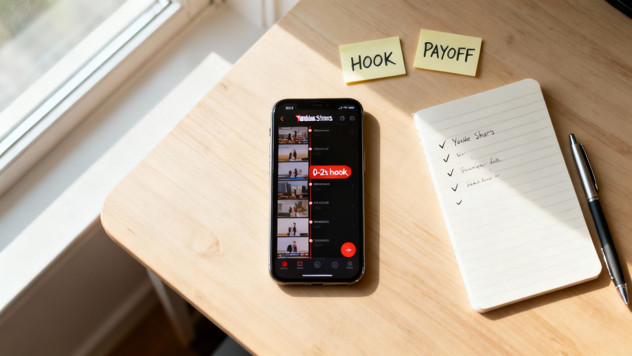 Flat lay of a desk with a phone displaying video clips, a notepad, a pen, and sticky notes for content creation.