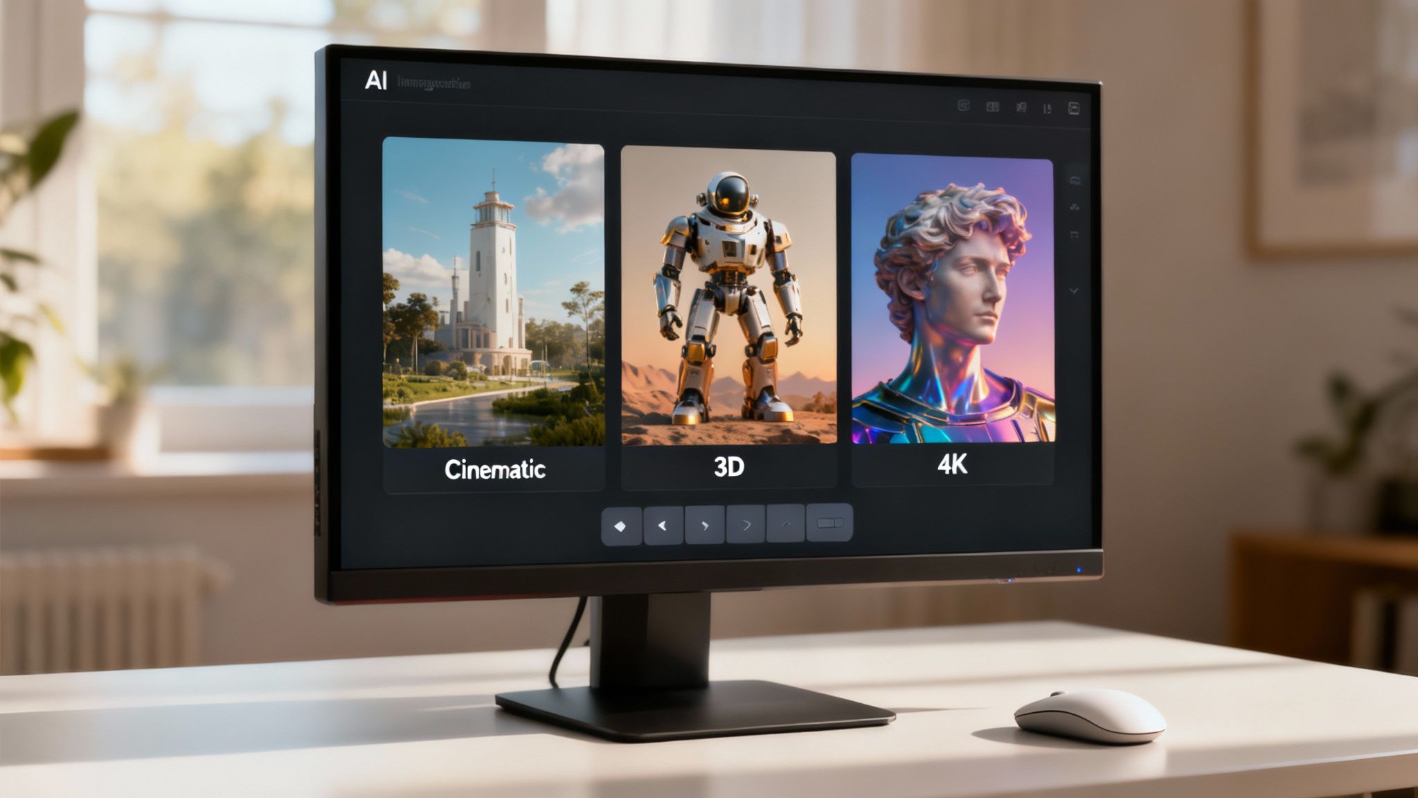 A monitor on a white desk displays AI-generated images of a lighthouse, a robot, and a sculpture.