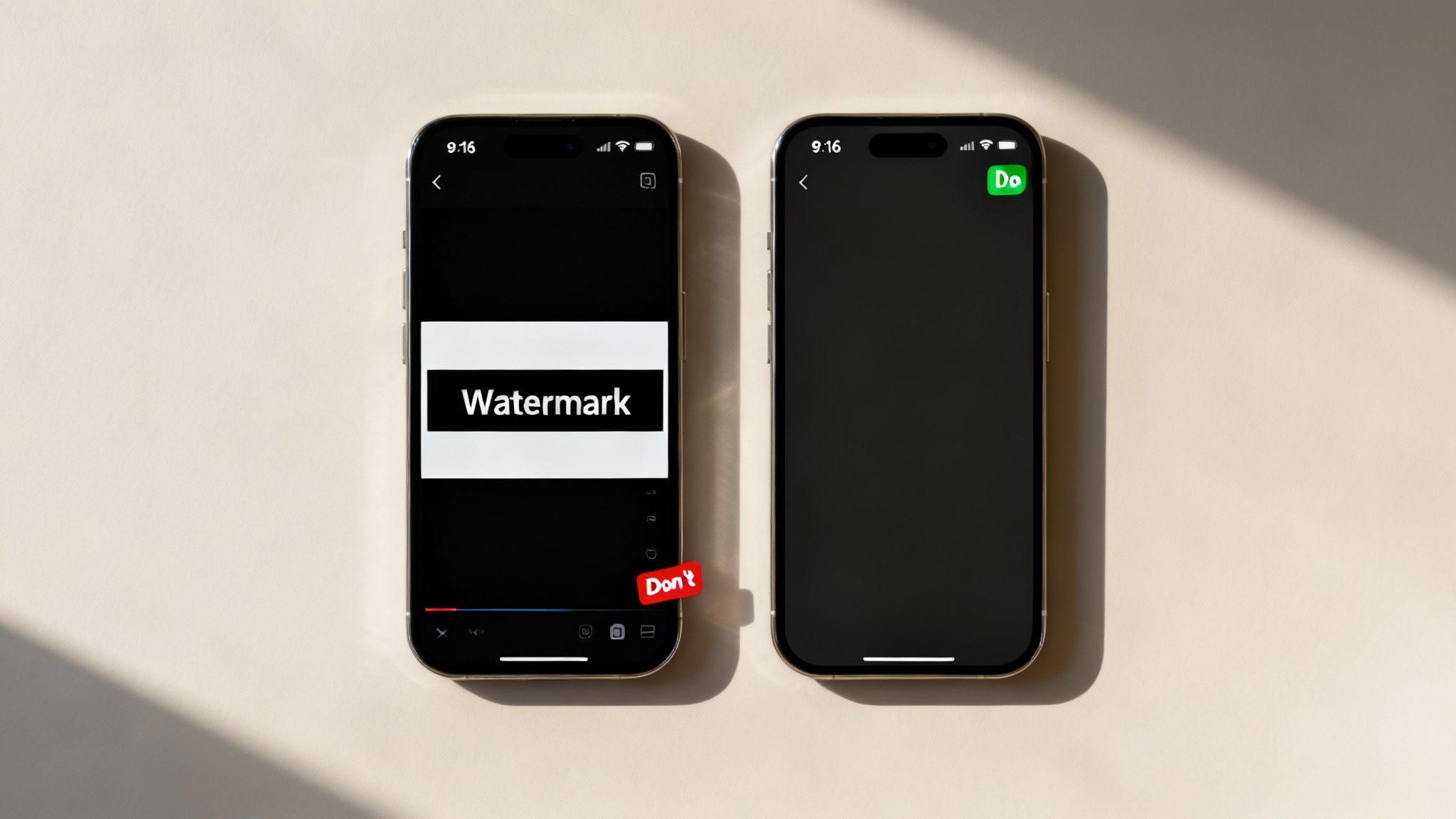 Two iPhones comparing video player screens: one with a 'Watermark' (Don't), the other clean (Do).