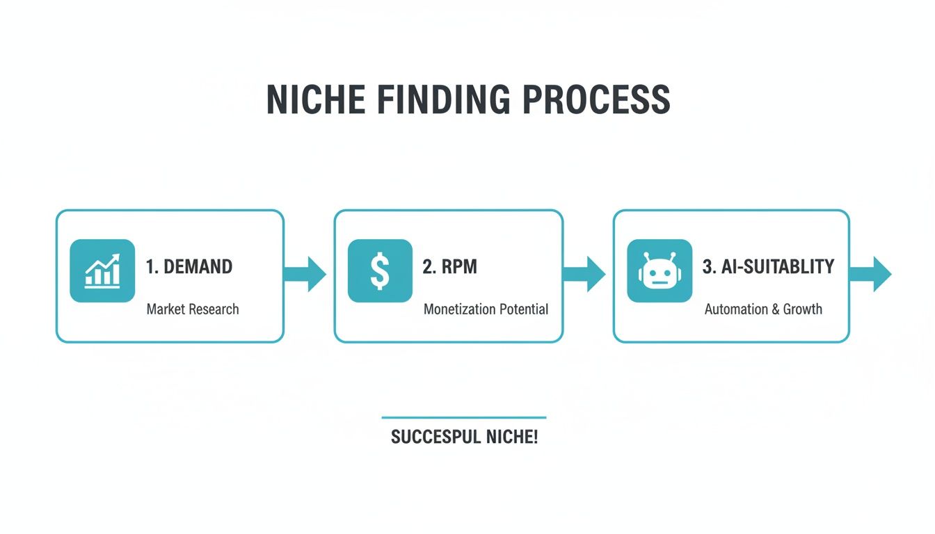 A flowchart illustrates the niche finding process, detailing steps: Demand, RPM, and AI-Suitability for a successful niche.