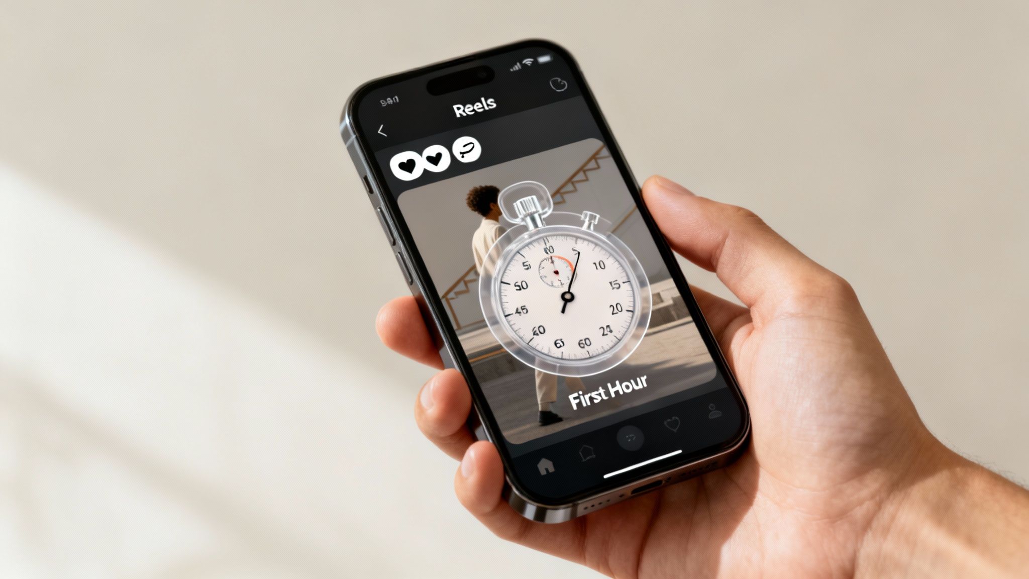 A hand holds a smartphone displaying a social media app with a video and a stopwatch overlay.