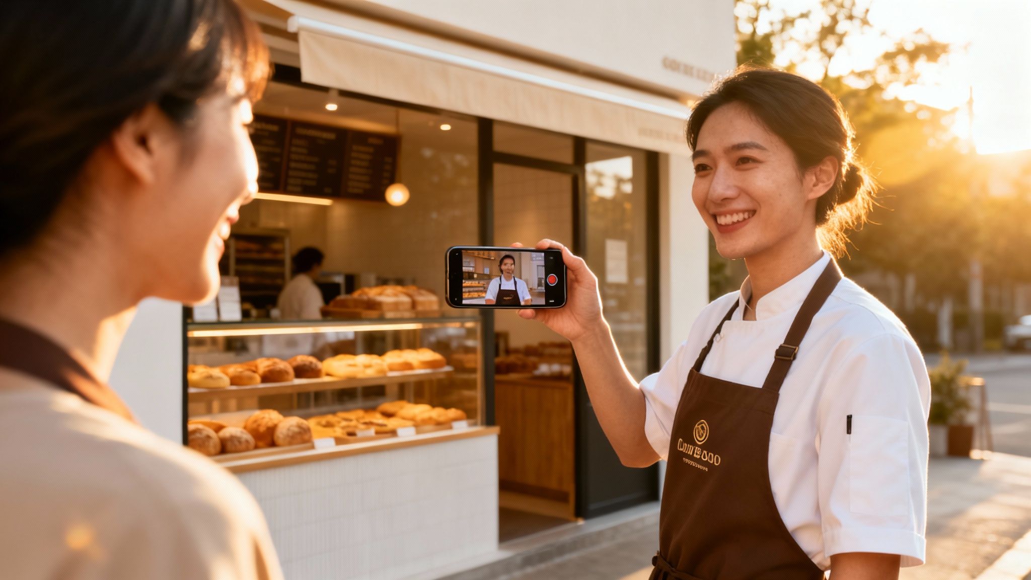 A smiling chef records another woman with a phone outside a bright bakery, showcasing products.