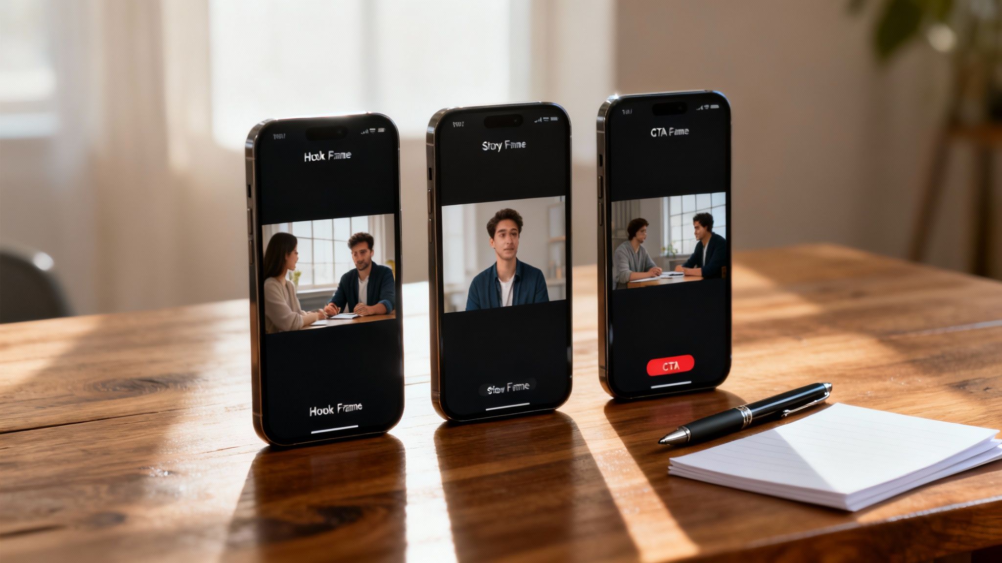 Three smartphones displaying video content frames for Hook, Story, and CTA on a wooden table.