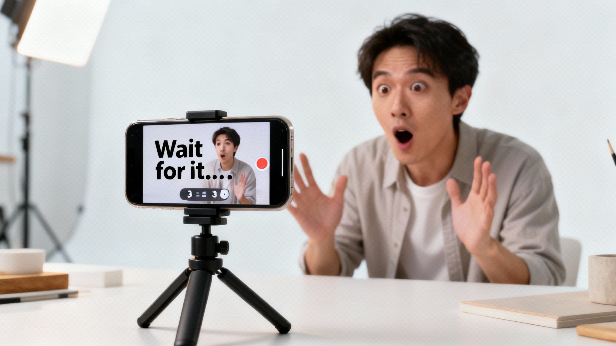 A surprised Asian man records a captivating video on a smartphone, with 'Wait for it...' displayed on screen.