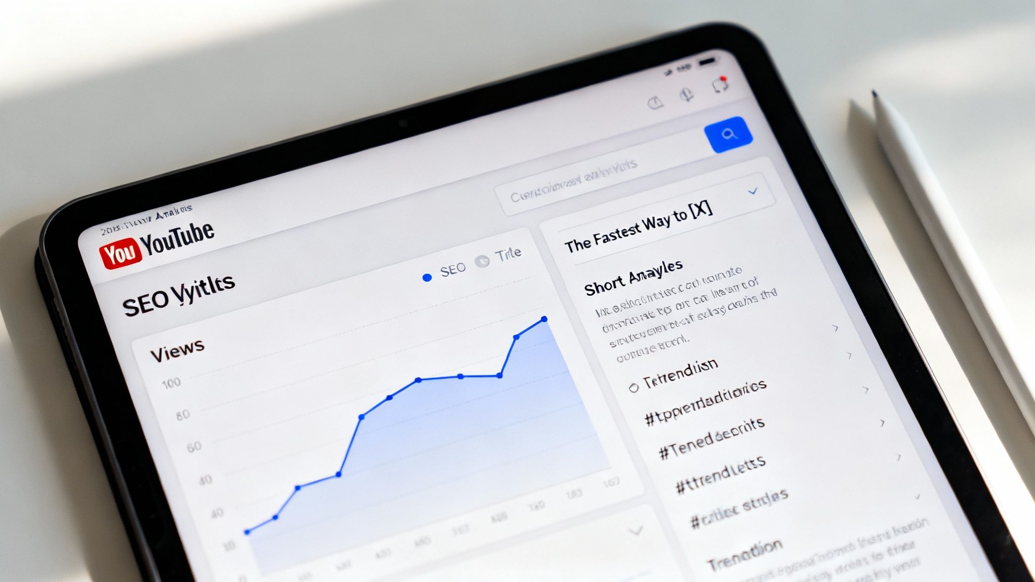 Tablet displaying YouTube analytics with a views graph and SEO insights, next to a stylus.