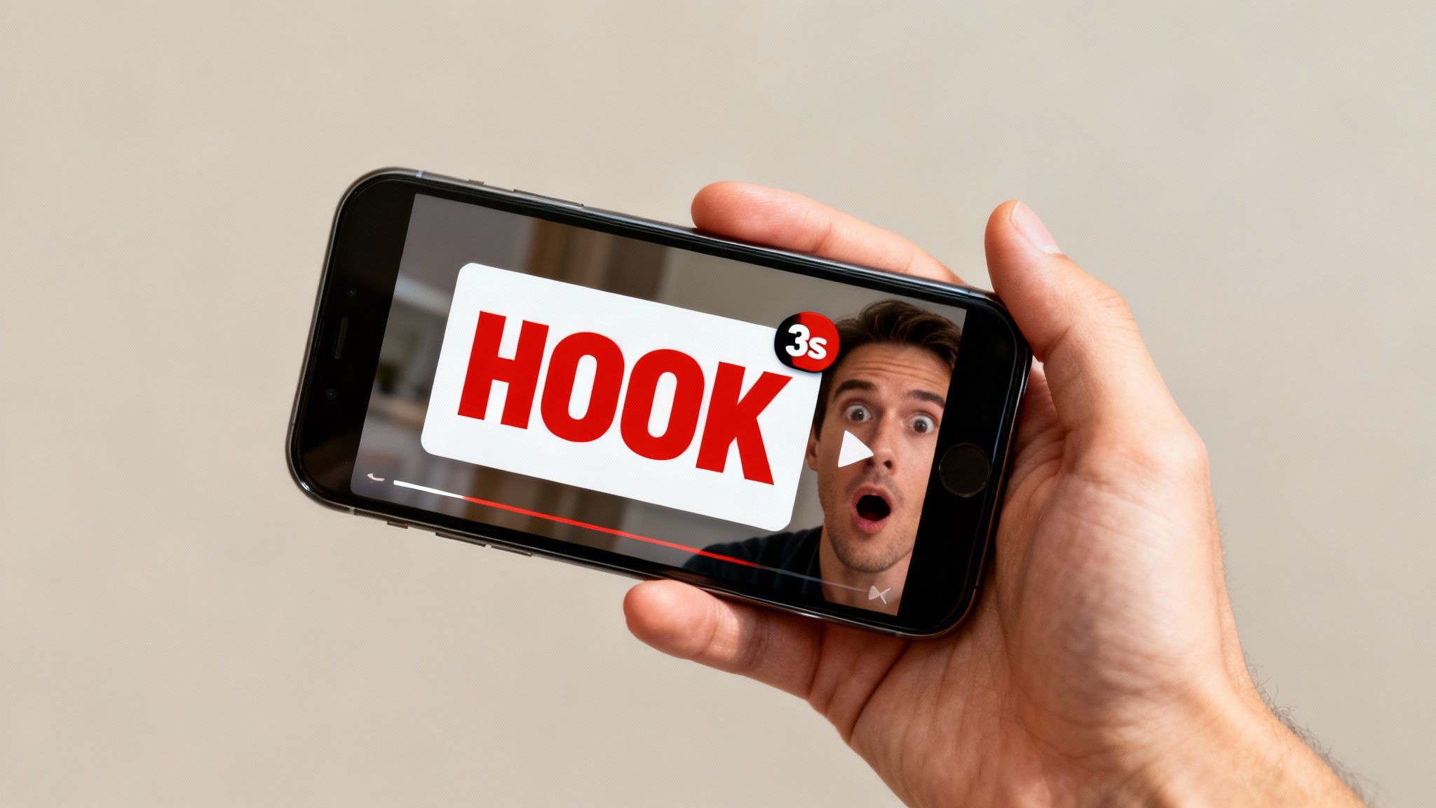 A hand holds a smartphone displaying a video with the word 'HOOK' and a surprised man, suggesting a video marketing concept.