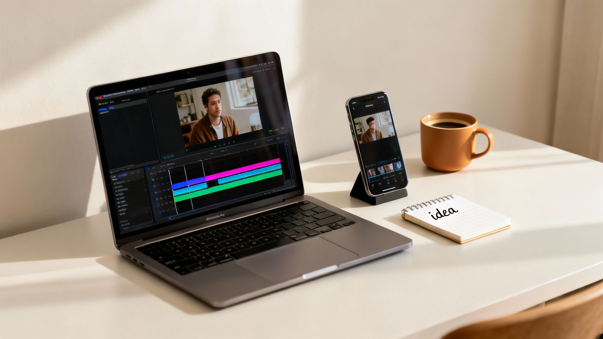 A laptop showing video editing software, a phone, coffee, and a notepad with 'idea' written on it.