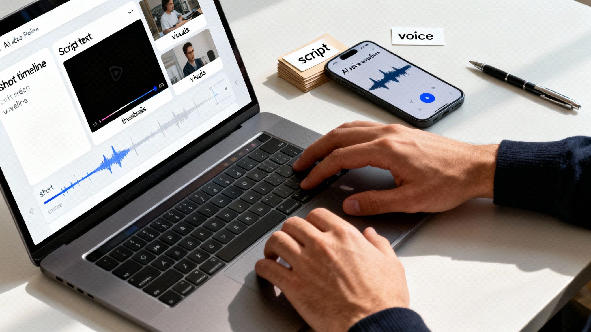 A person uses a laptop and smartphone for AI video creation, showing script, visuals, and audio waveforms.