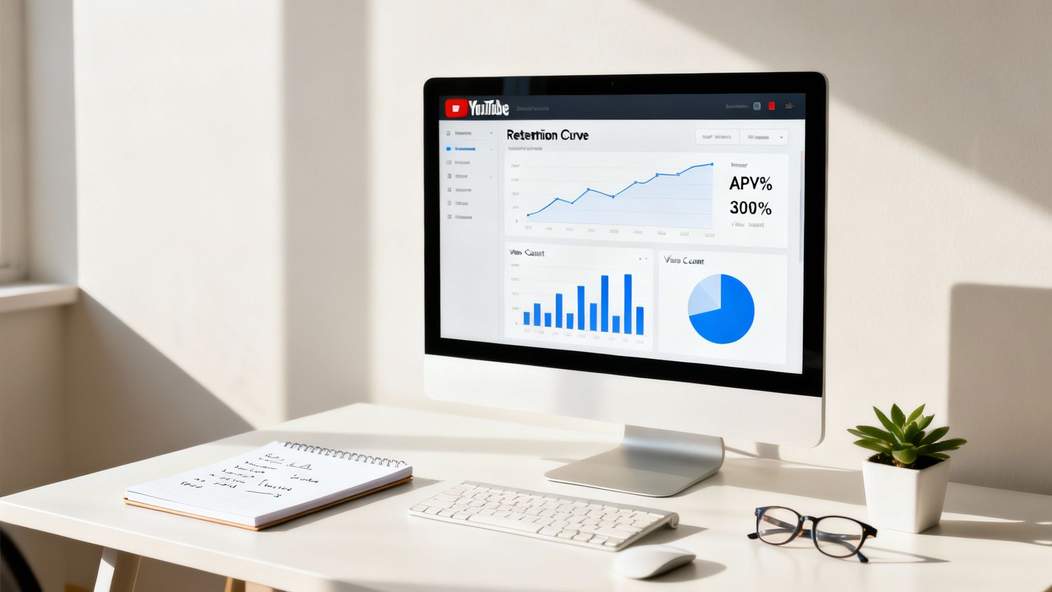 A modern desk setup with a monitor displaying YouTube analytics, keyboard, mouse, and a notebook.