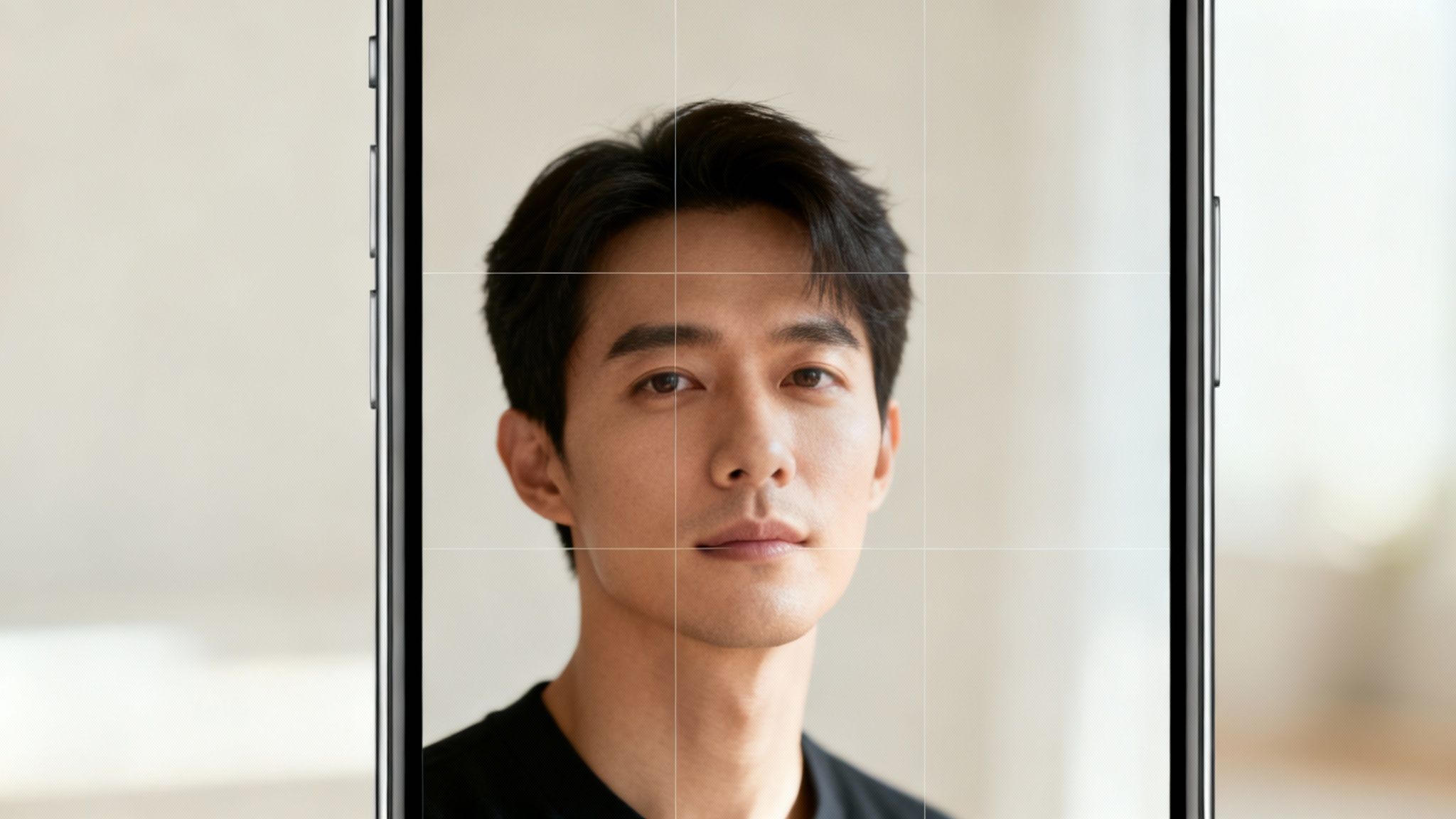 Close-up of a man's face displayed on a smartphone screen with a cropping grid overlay.