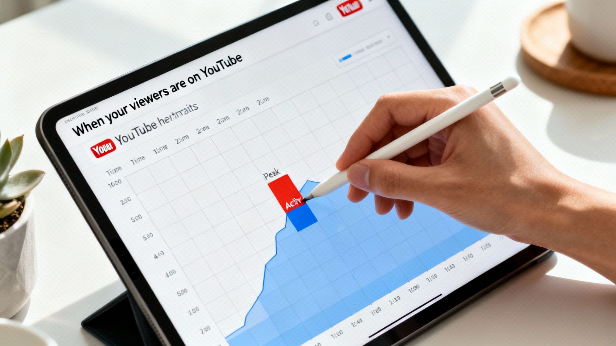 Hand with stylus on tablet showing YouTube analytics chart of peak viewer activity.