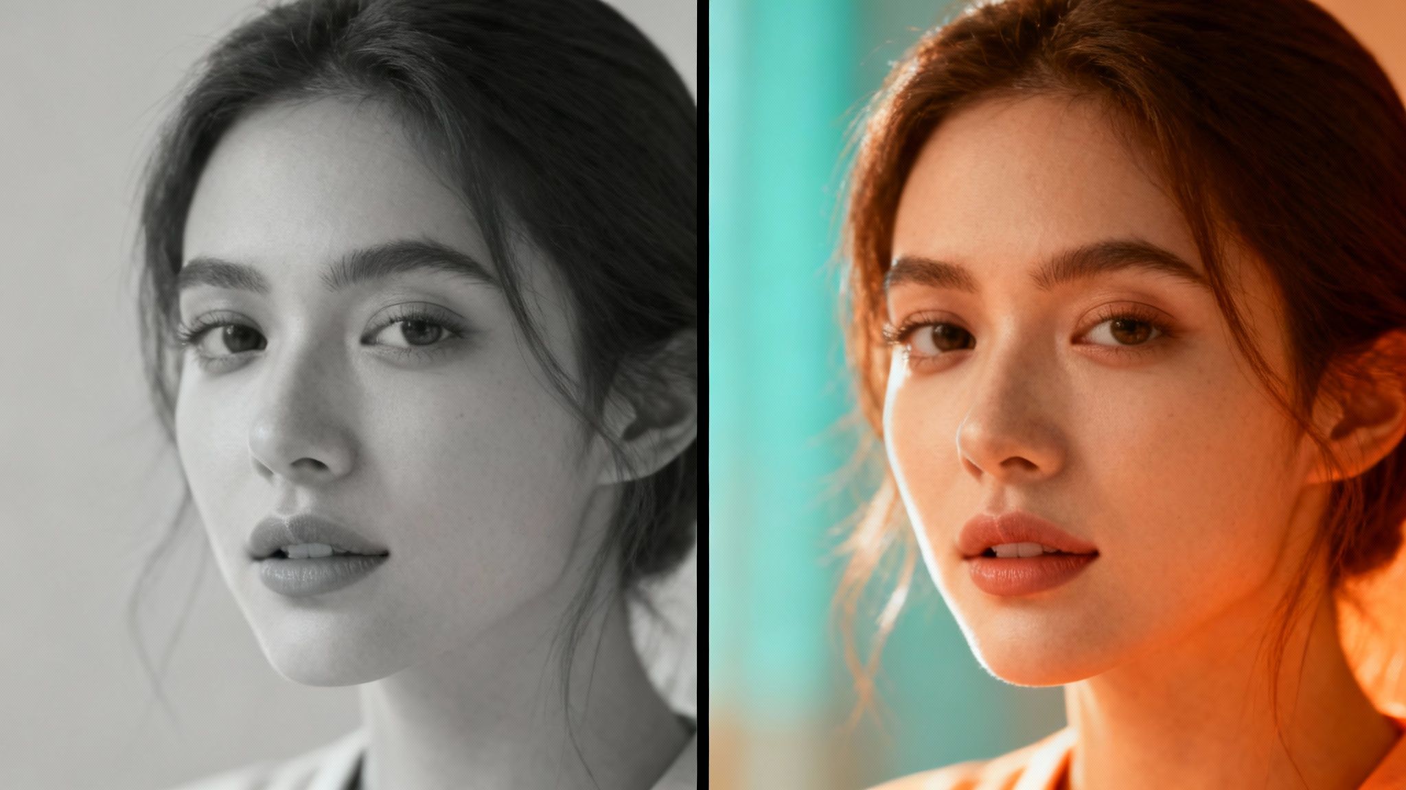 A beautiful woman's portrait, left side in black and white, right side in vibrant color.