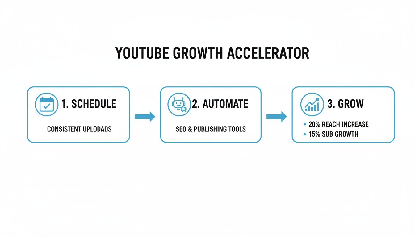A diagram illustrating the YouTube Growth Accelerator process with three steps: Schedule, Automate, and Grow.