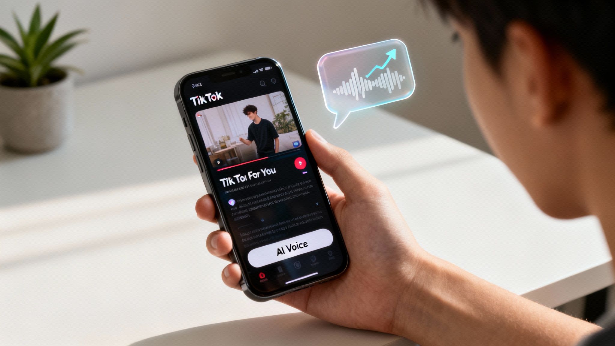A person holds a smartphone displaying the TikTok app with 'AI Voice' feature and a holographic sound wave.