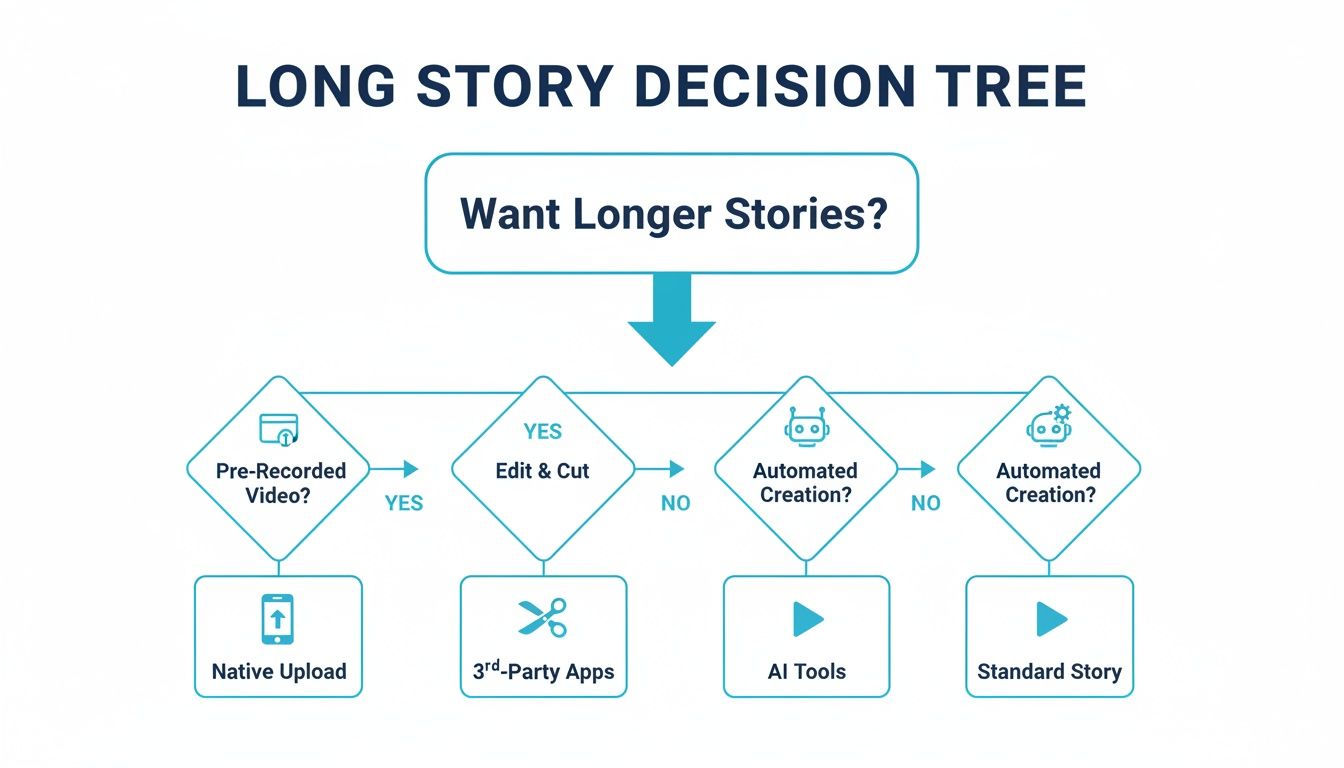 Decision tree for creating longer stories, outlining options from pre-recorded videos to AI tools.