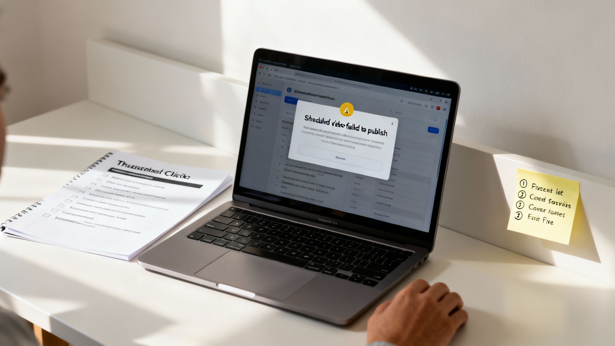Person working on a laptop showing a "Scheduled video failed to publish" error, next to a notebook.