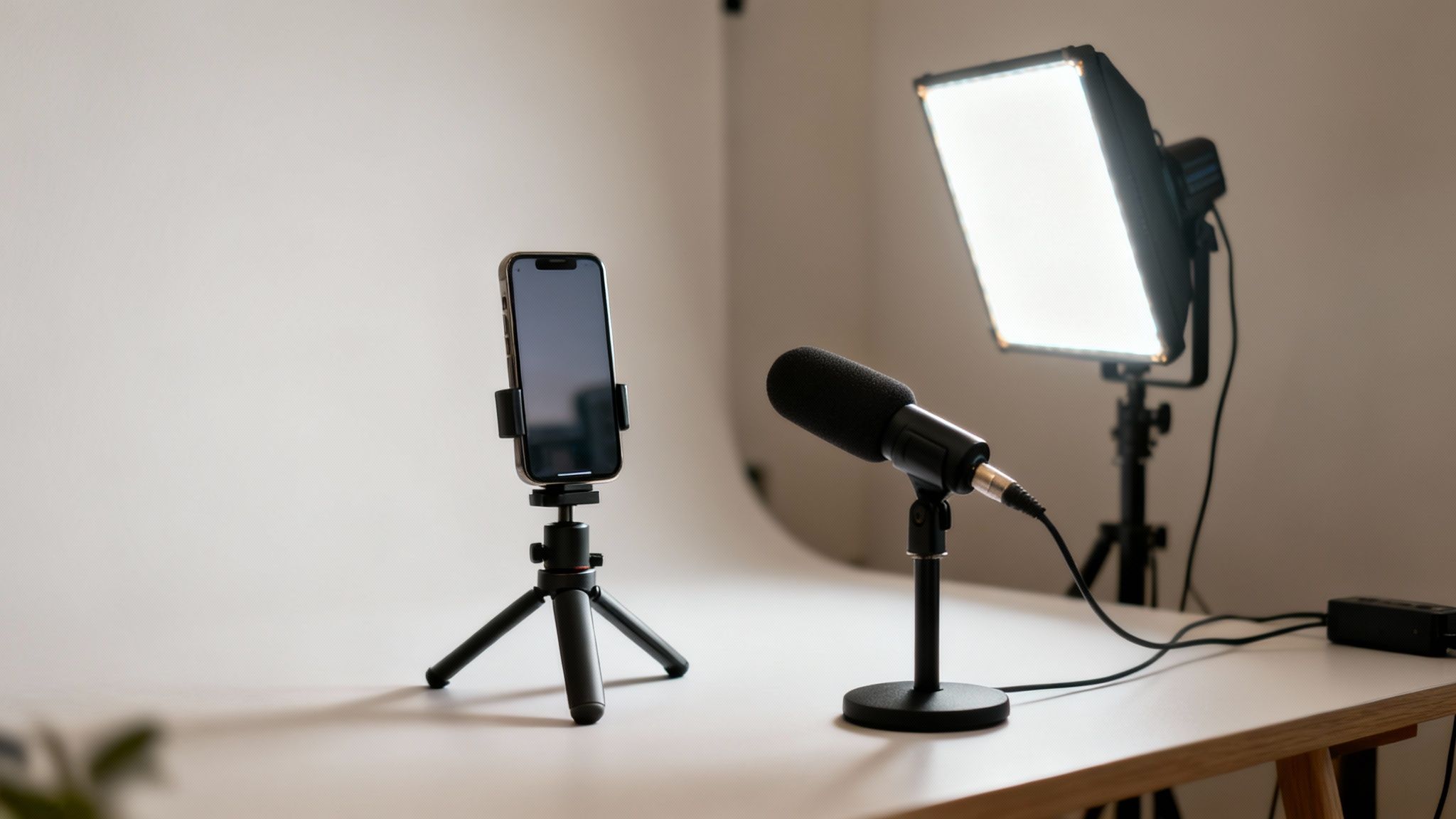 A smartphone on a tripod, a microphone, and an LED light set up for video recording.