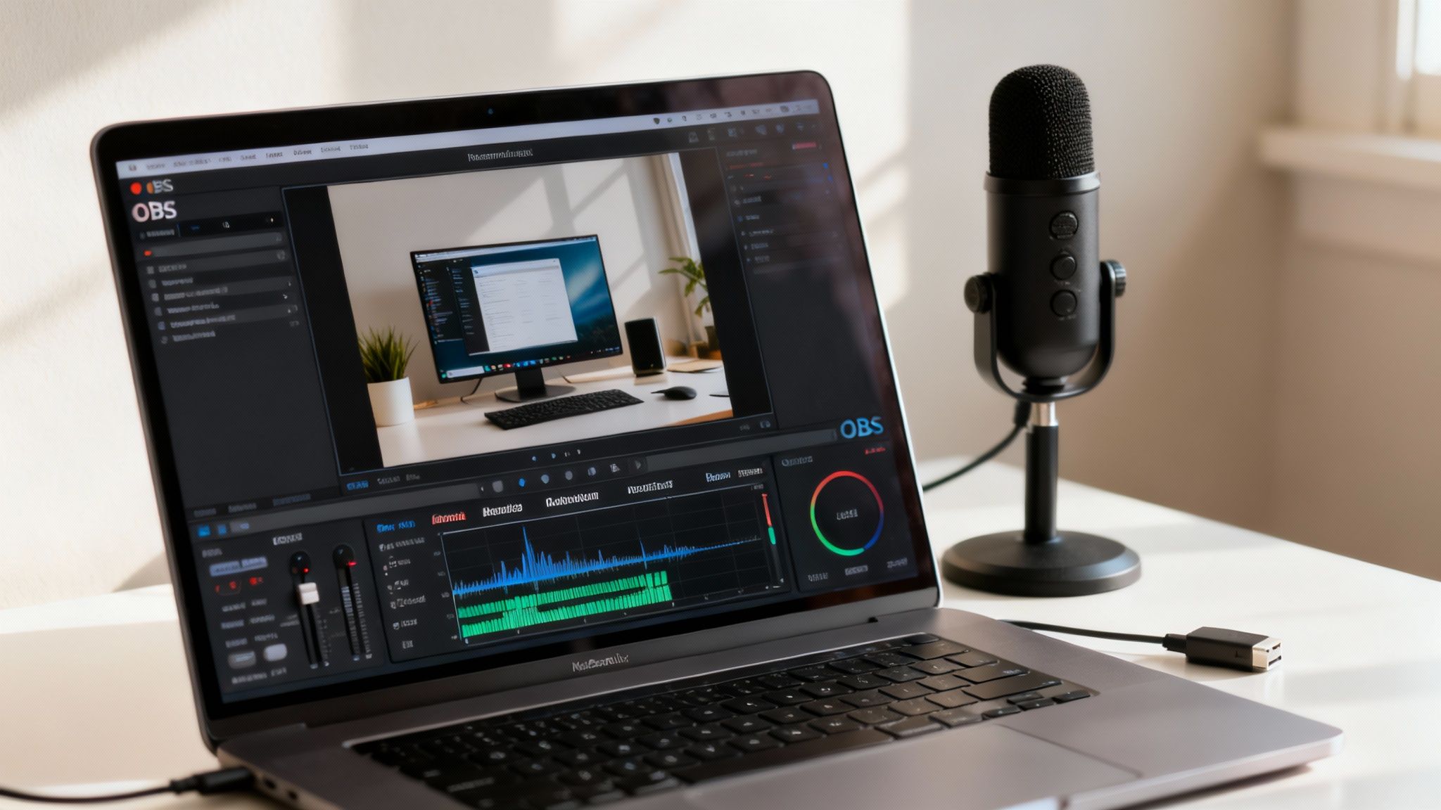 Close-up of a laptop displaying OBS Studio and a black microphone on a white desk.
