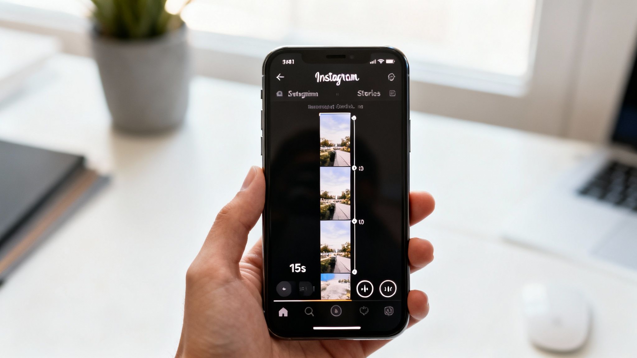 Hand holding an iPhone displaying Instagram Stories editor with multiple video segments and duration settings.