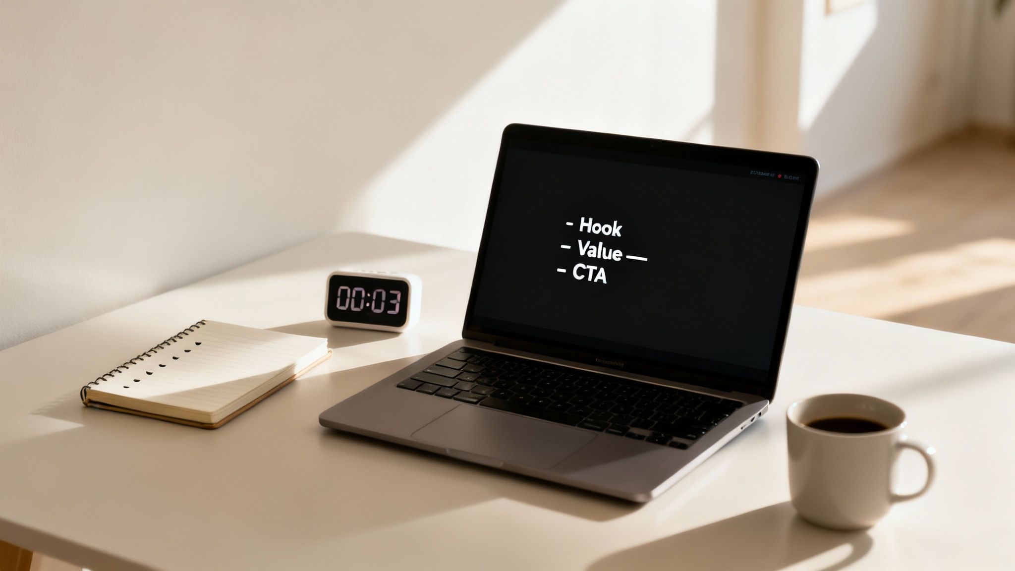 A modern workspace with a laptop displaying 'Hook, Value, CTA', a digital timer, notebook, and coffee.