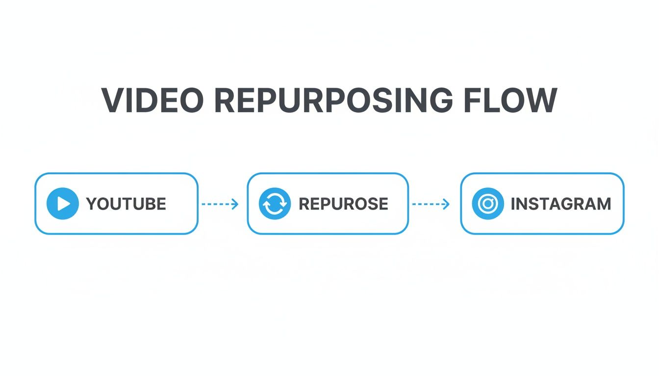 Diagram showing the video repurposing flow: from YouTube, through repurpose, to Instagram.
