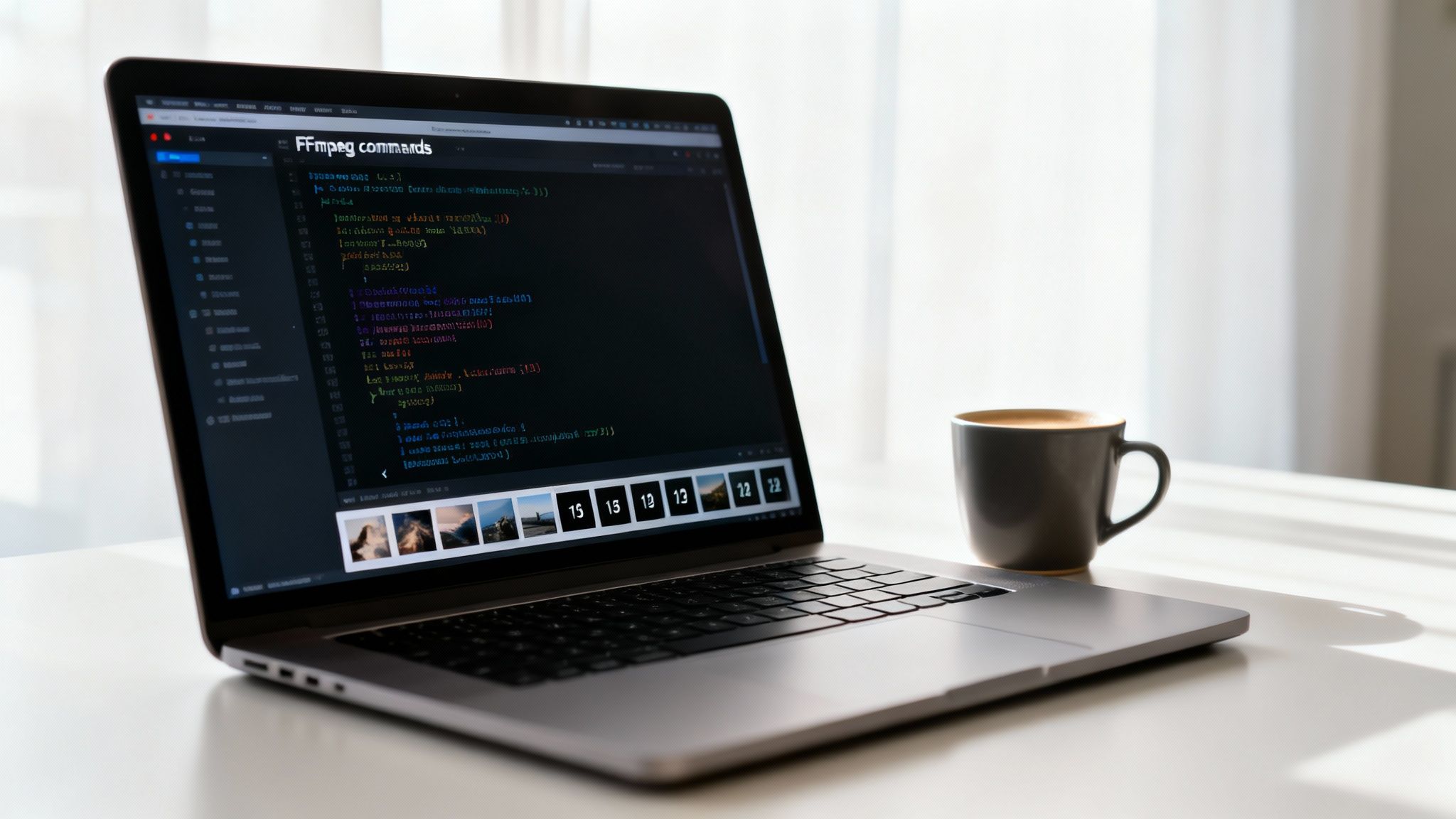 A laptop displaying FFmpeg commands code and images, next to a coffee cup on a white desk.