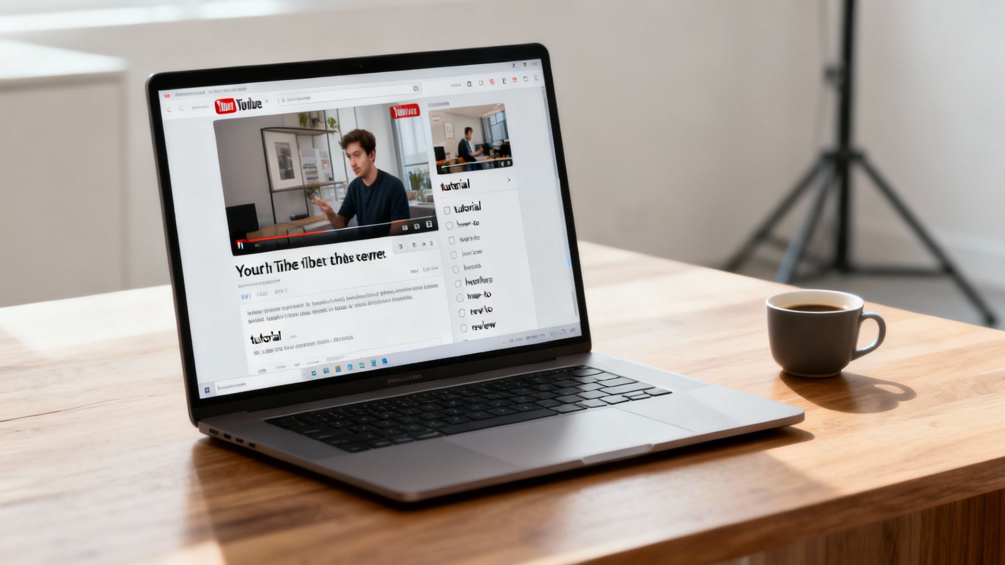 A laptop on a wooden desk displays a YouTube video featuring a man talking, beside a coffee mug.